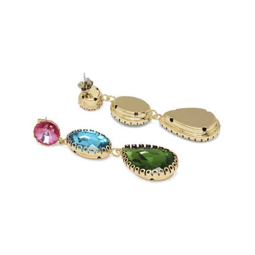 A pair of stud earrings featuring glass gems in pink, green and blue jewel tones.